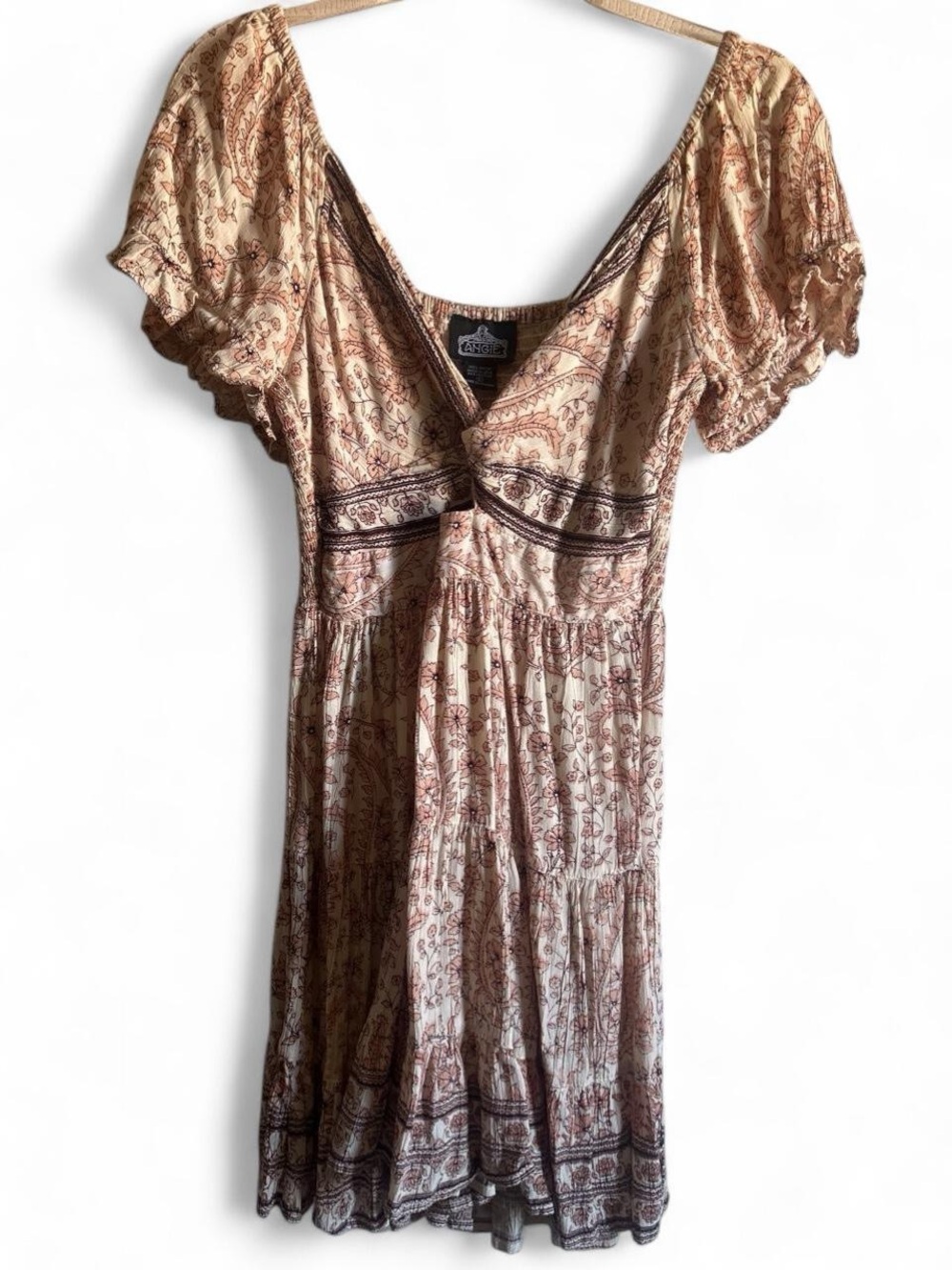 Angie Beige and Brown Boho Floral Midi Dress size L